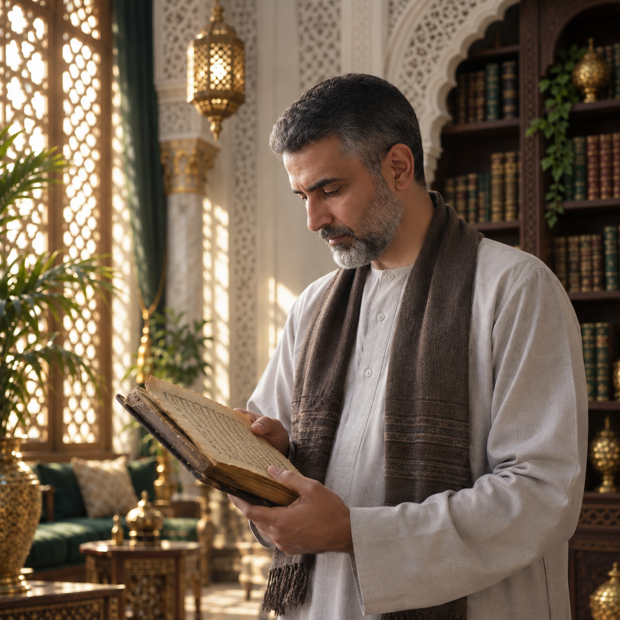 صورة فنية تخيلية لشيخ يقرأ كتابًا قديمًا