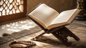 مصحف مفتوح ومسبحة خضراء لأدعية وأذكار مهمة